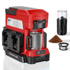 Red coffee maker with a grinder and coffee beans on a white background