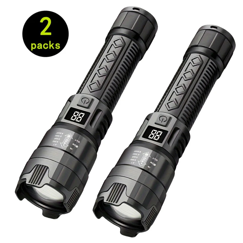 High Lumen Tactical Flashlight – Telescopic Zoom, Digital Display & USB-C Rechargeable