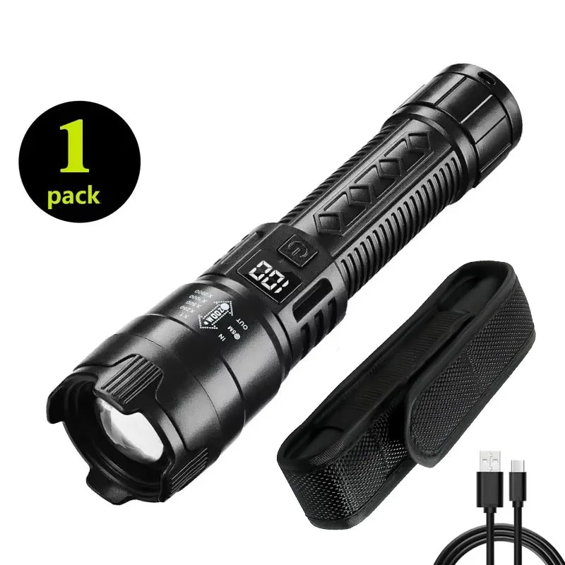 High Lumen Tactical Flashlight – Telescopic Zoom, Digital Display & USB-C Rechargeable