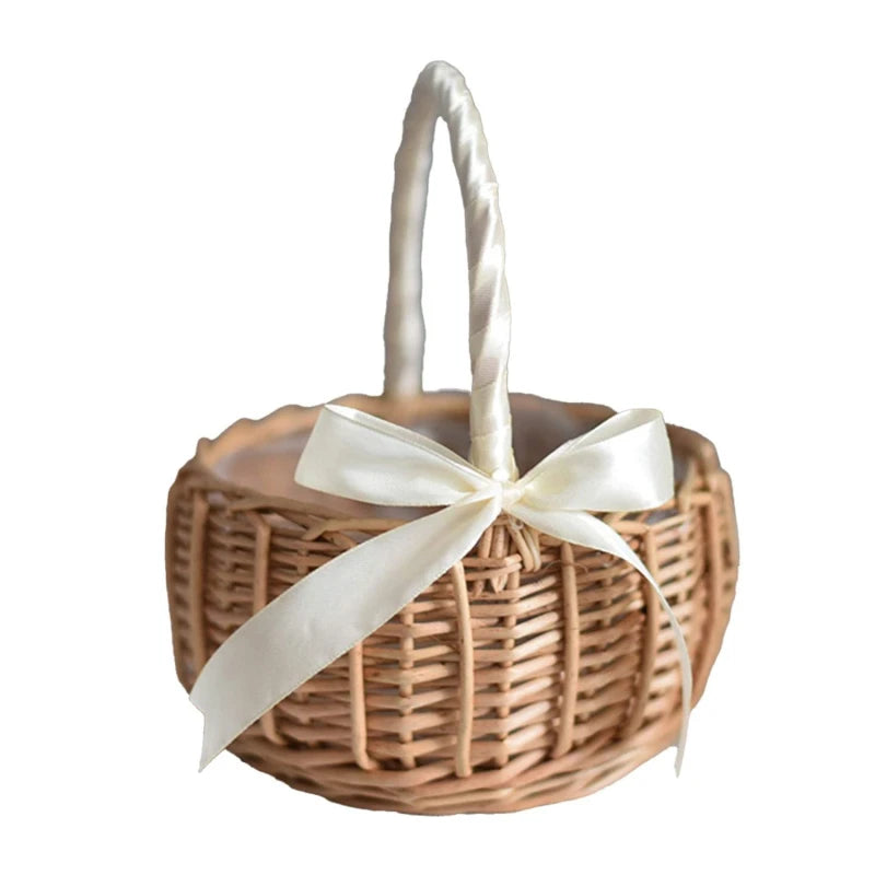 Hand-woven Wicker Wedding Flower Basket with Handle | Pink & White | Small & Large.