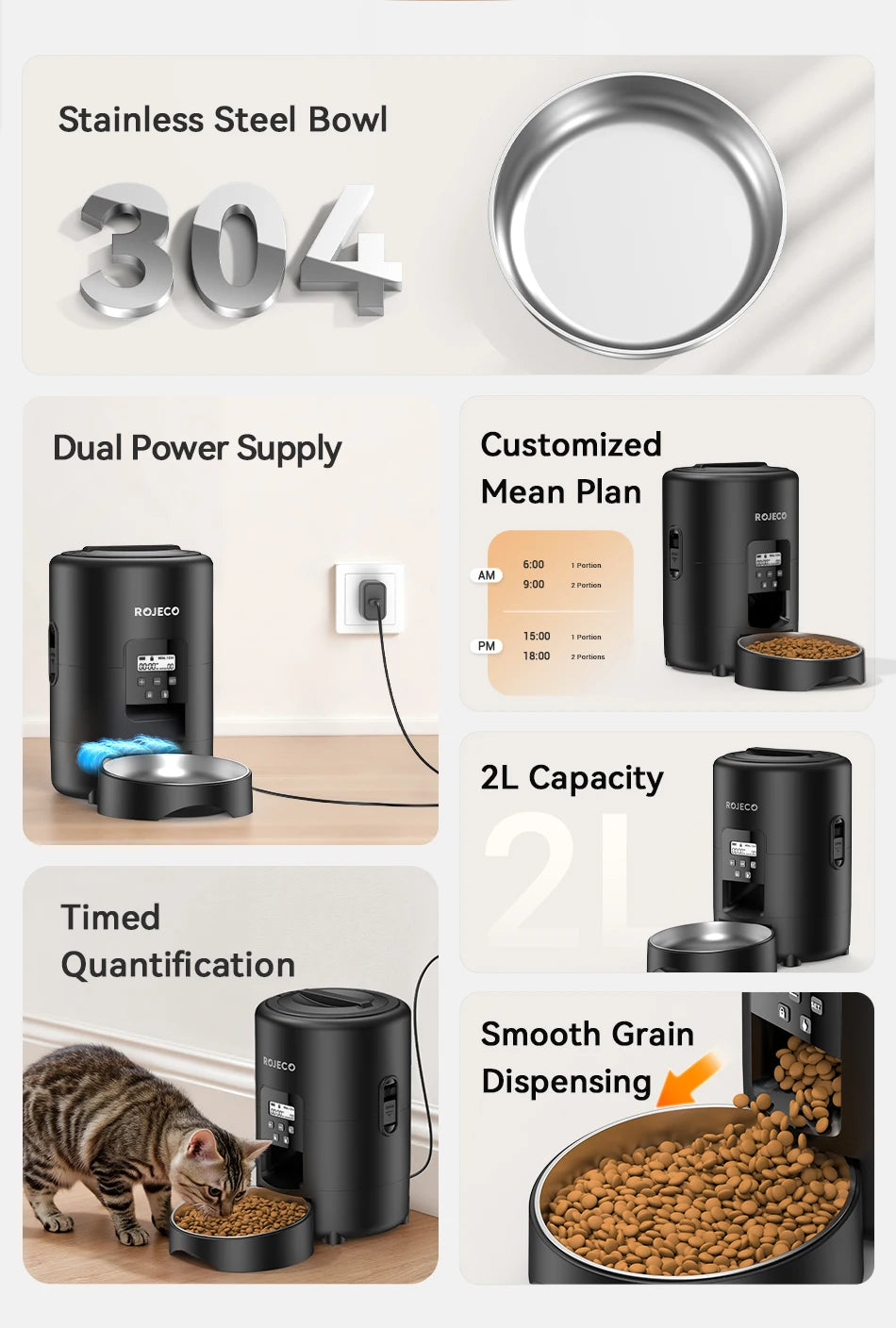 ROJECO 2L Automatic Pet Feeder – Smart Timed Cat & Dog Food Dispenser (Button & WiFi Versions)