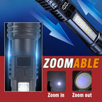Zoomable flashlight with zoom in and zoom out features on a blue and red background