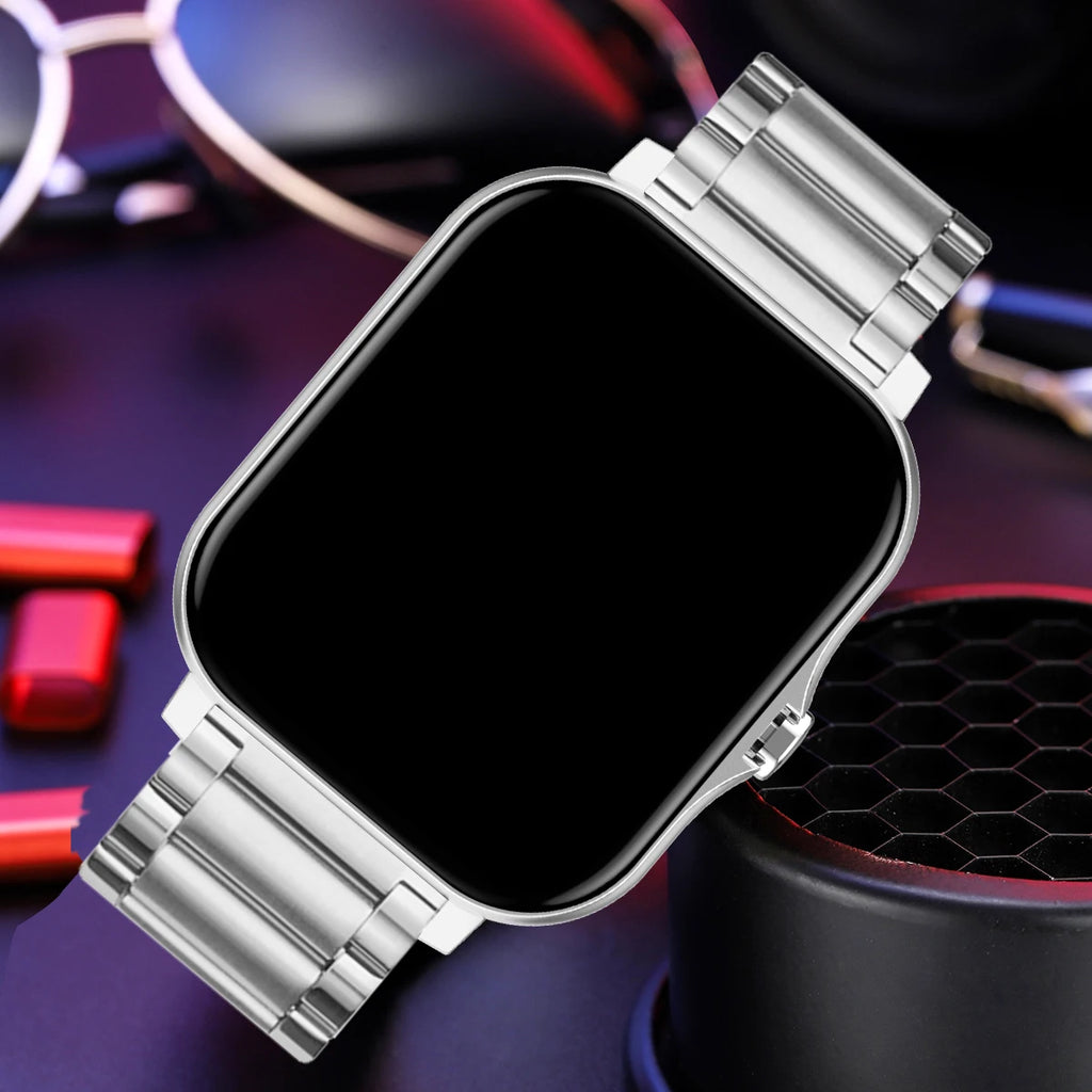 Smartwatch with a Gray metal band on a dark background