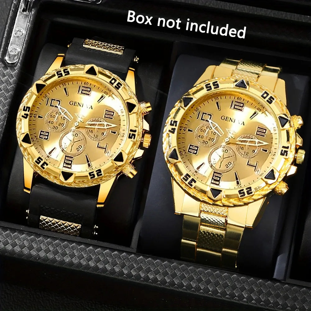 Two gold watches in a black display case with 'Box not included' text.