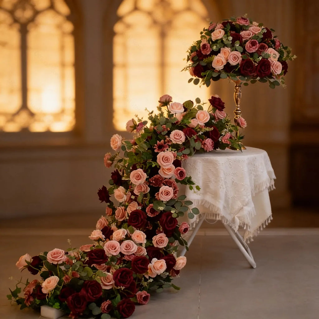 Artificial Red Rose & Green Leaf Flower Ball / Flower Row