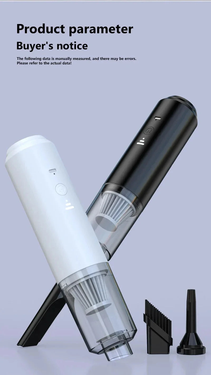 Two cleaning tools, one white and one black, on a light purple background with text about product parameters and buyer notices.