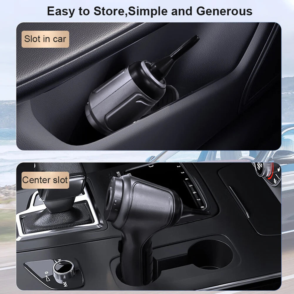 Car cup holder with text 'Easy to Store, Simple and Generous' on a blurred car interior background.