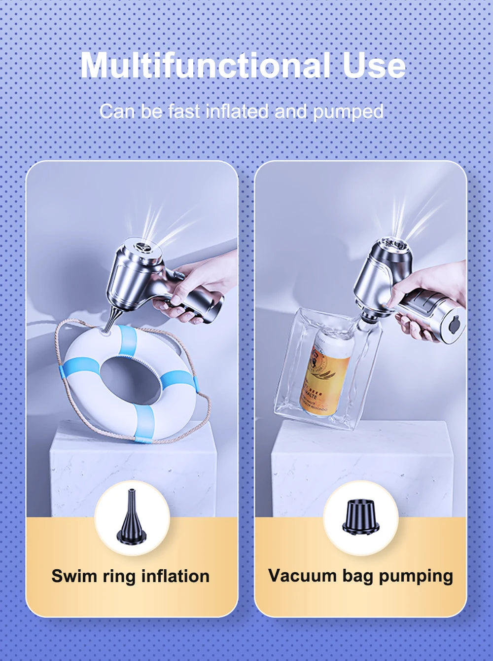 Multifunctional device for swim ring inflation and vacuum bag pumping on a blue background.