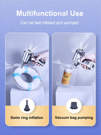 Multifunctional device for swim ring inflation and vacuum bag pumping on a blue background.