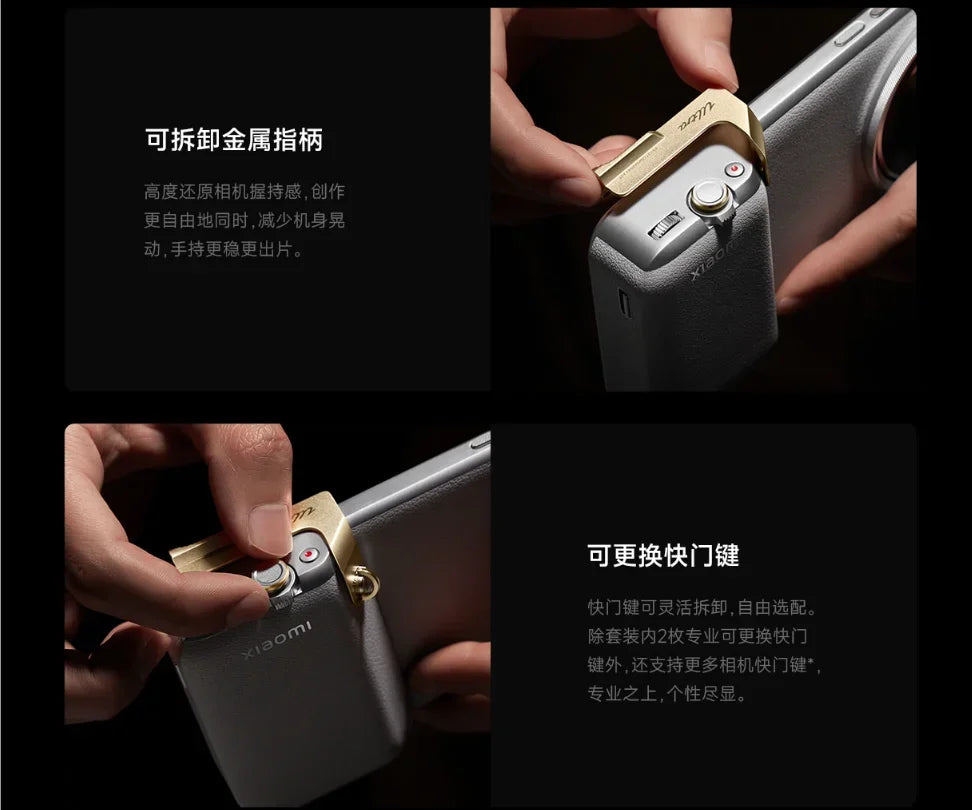 Close-up of a Xiaomi camera with interchangeable parts on a black background
