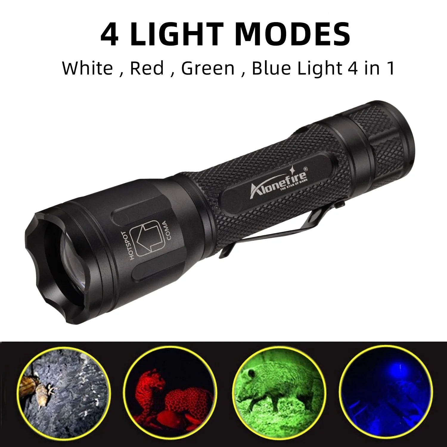 Alonefire X32 4-in-1 Multicolour LED Flashlight – Red, Blue, Green & White