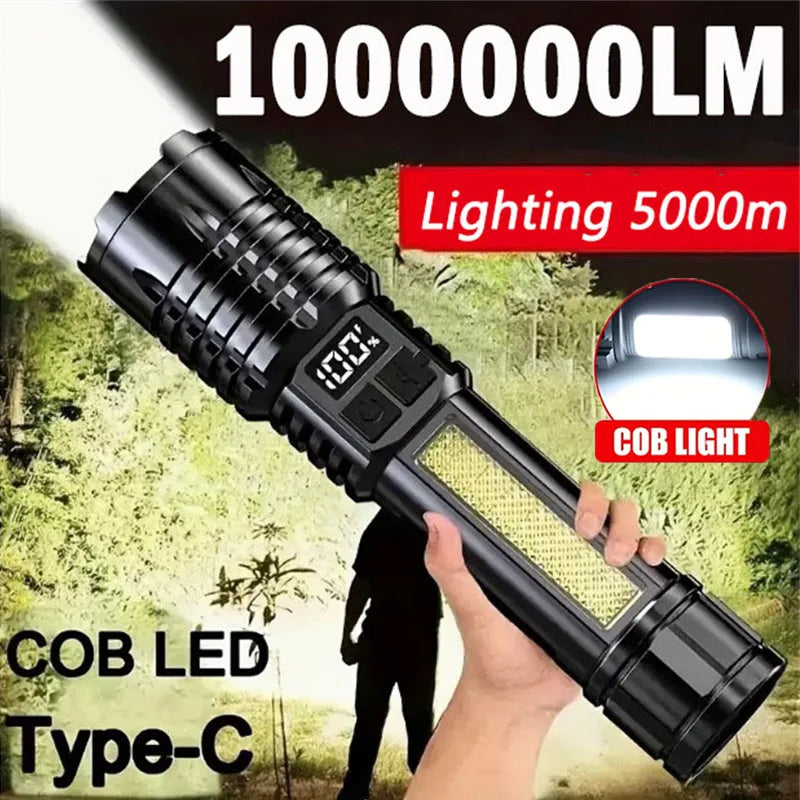 High-powered flashlight with COB LED technology and Type-C charging, held in a hand with a forest background.