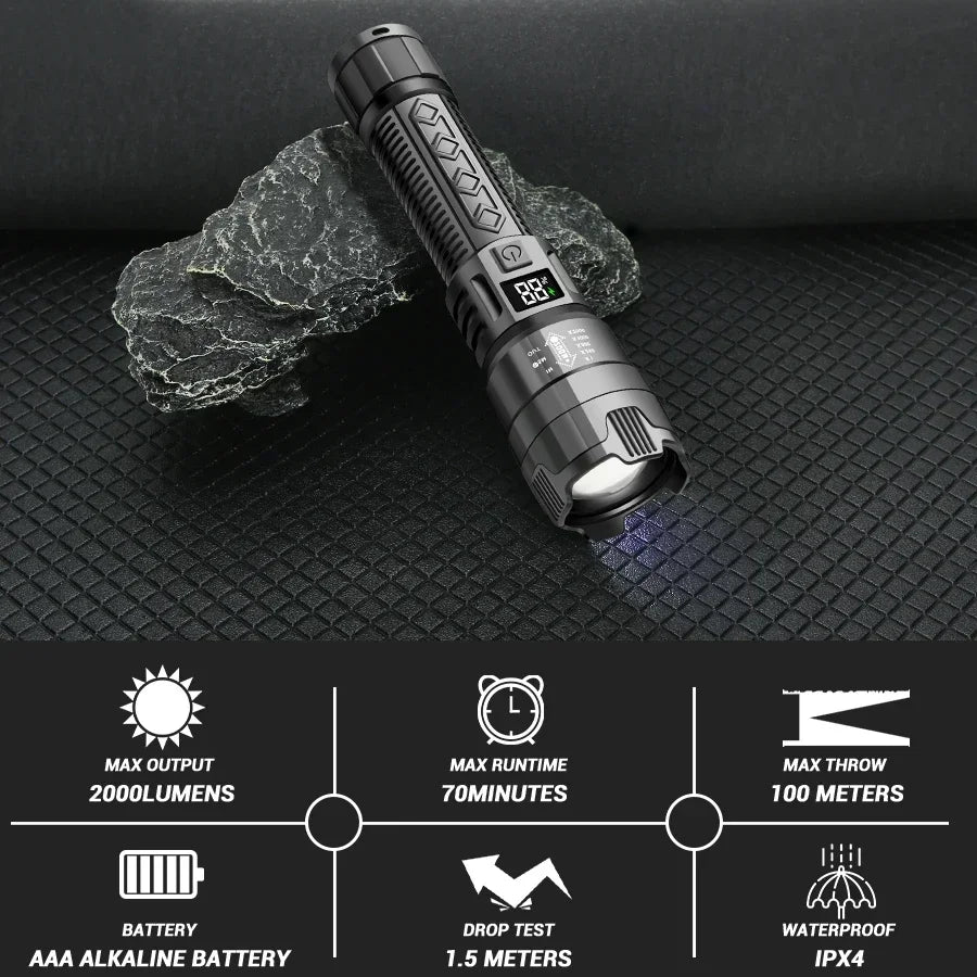 High Lumen Tactical Flashlight – Telescopic Zoom, Digital Display & USB-C Rechargeable