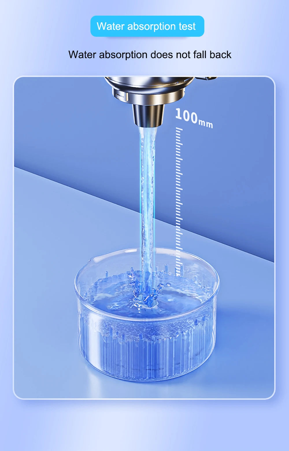 Water absorption test with a faucet and measuring scale on a blue background