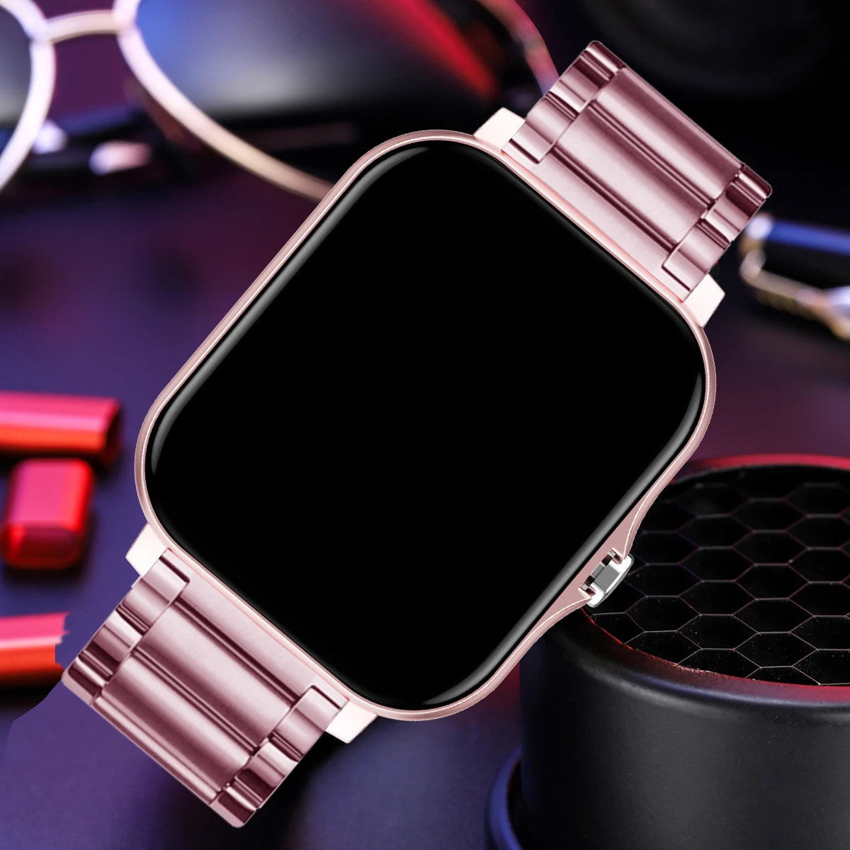  White smartwatch with a mesh band on a colorful background