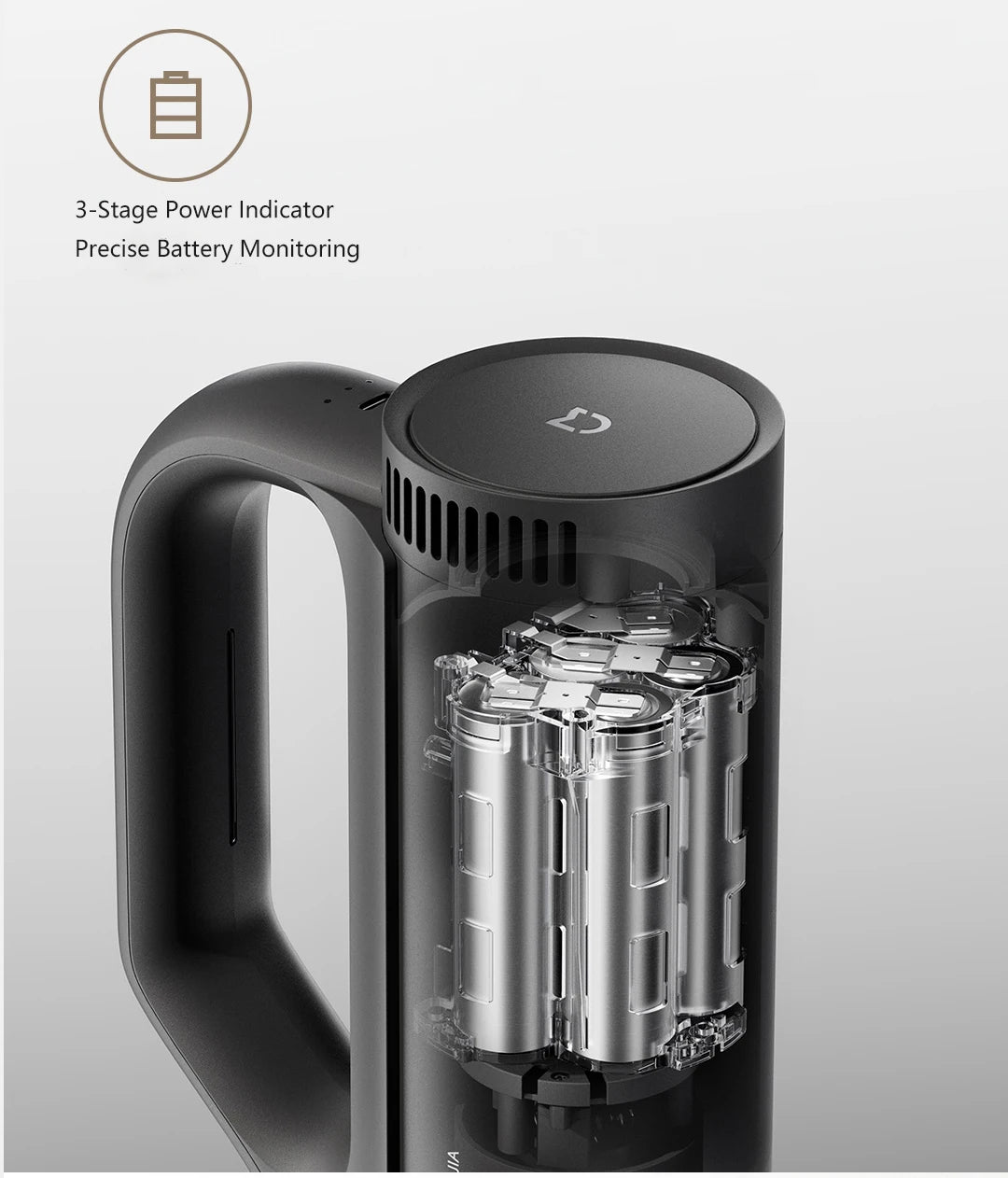 Black handheld vacuum cleaner with clear compartment showing internal components on a light gray backgroun