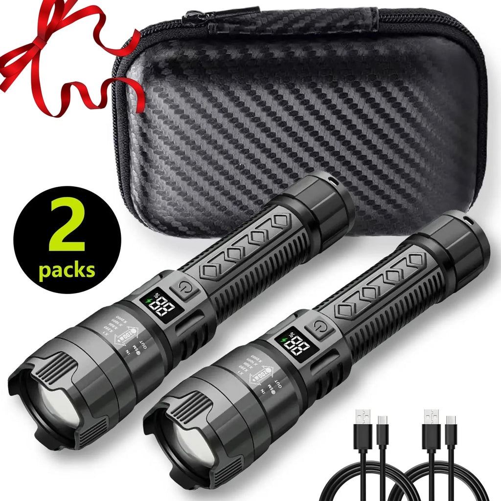 High Lumen Tactical Flashlight – Telescopic Zoom, Digital Display & USB-C Rechargeable