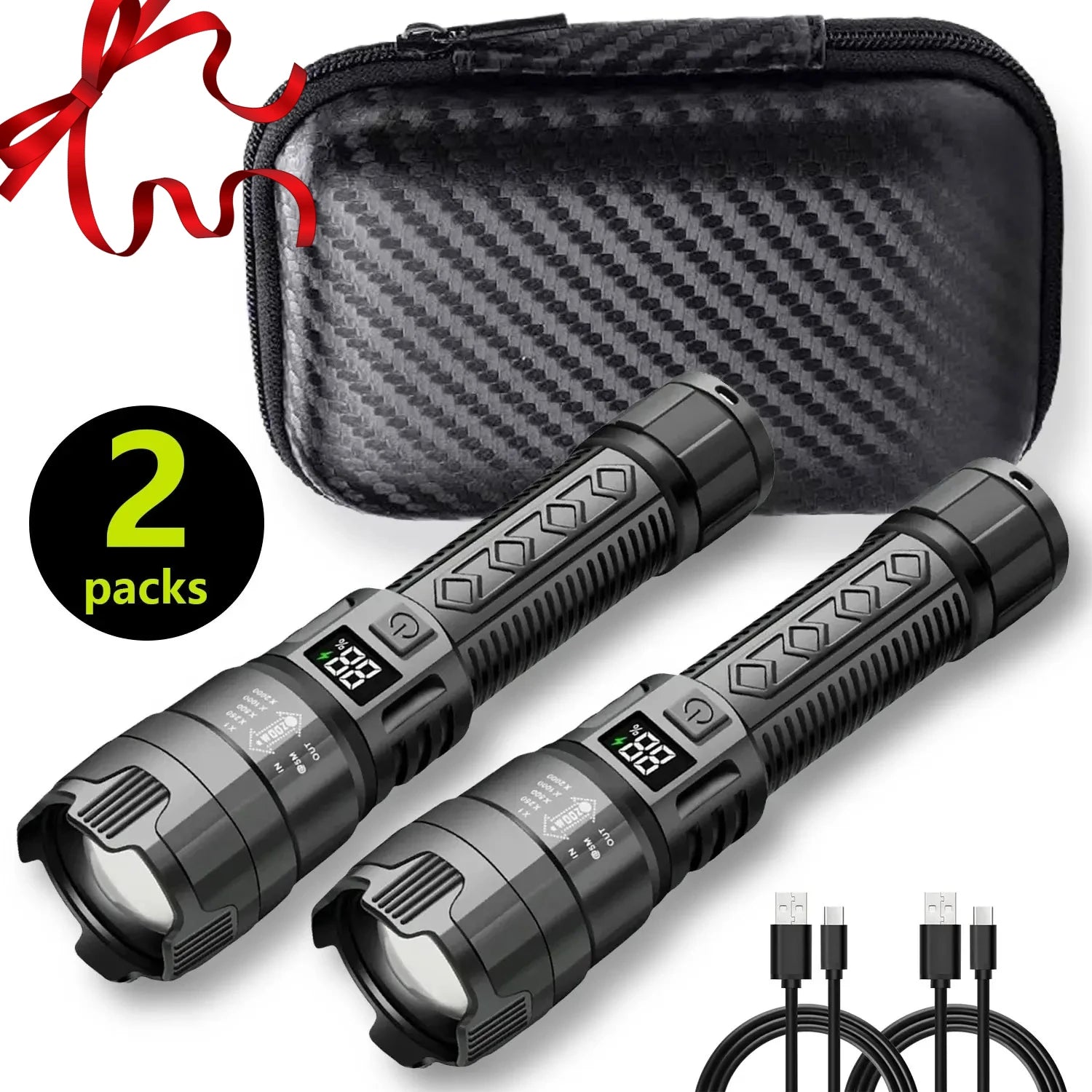 High Lumen Tactical Flashlight – Telescopic Zoom, Digital Display & USB-C Rechargeable