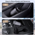 Car cup holder with text 'Easy to Store, Simple and Generous' on a blurred car interior background