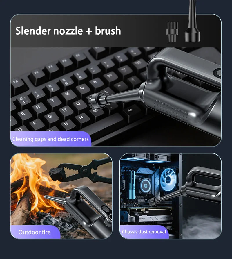 Cleaning tool with nozzle and brush used for keyboard cleaning, outdoor fire, and computer dust removal.