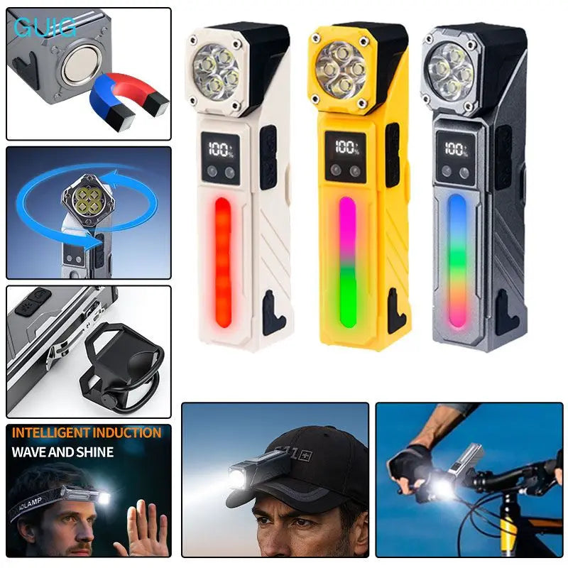 GUIG KH-T130 Multifunctional Rechargeable LED Torch – Digital Display, RGB Side Light, USB-C