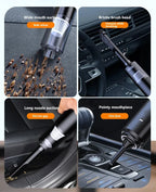 Car cleaning tool with different nozzles used in a car interior.