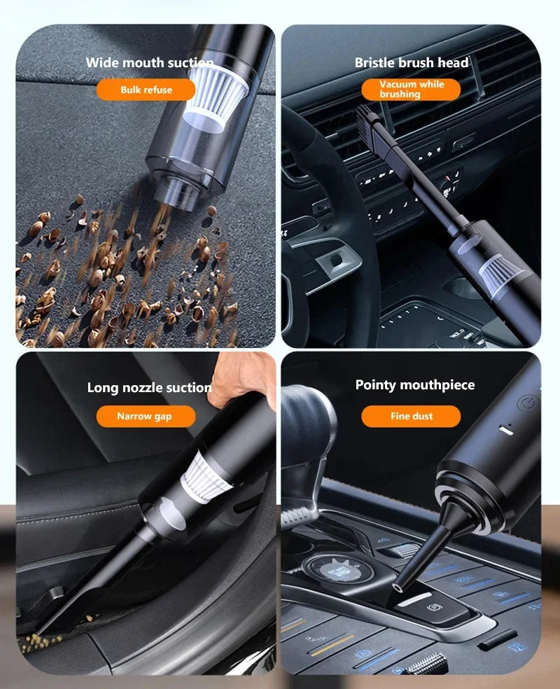 Car cleaning tool with different nozzles used in a car interior.