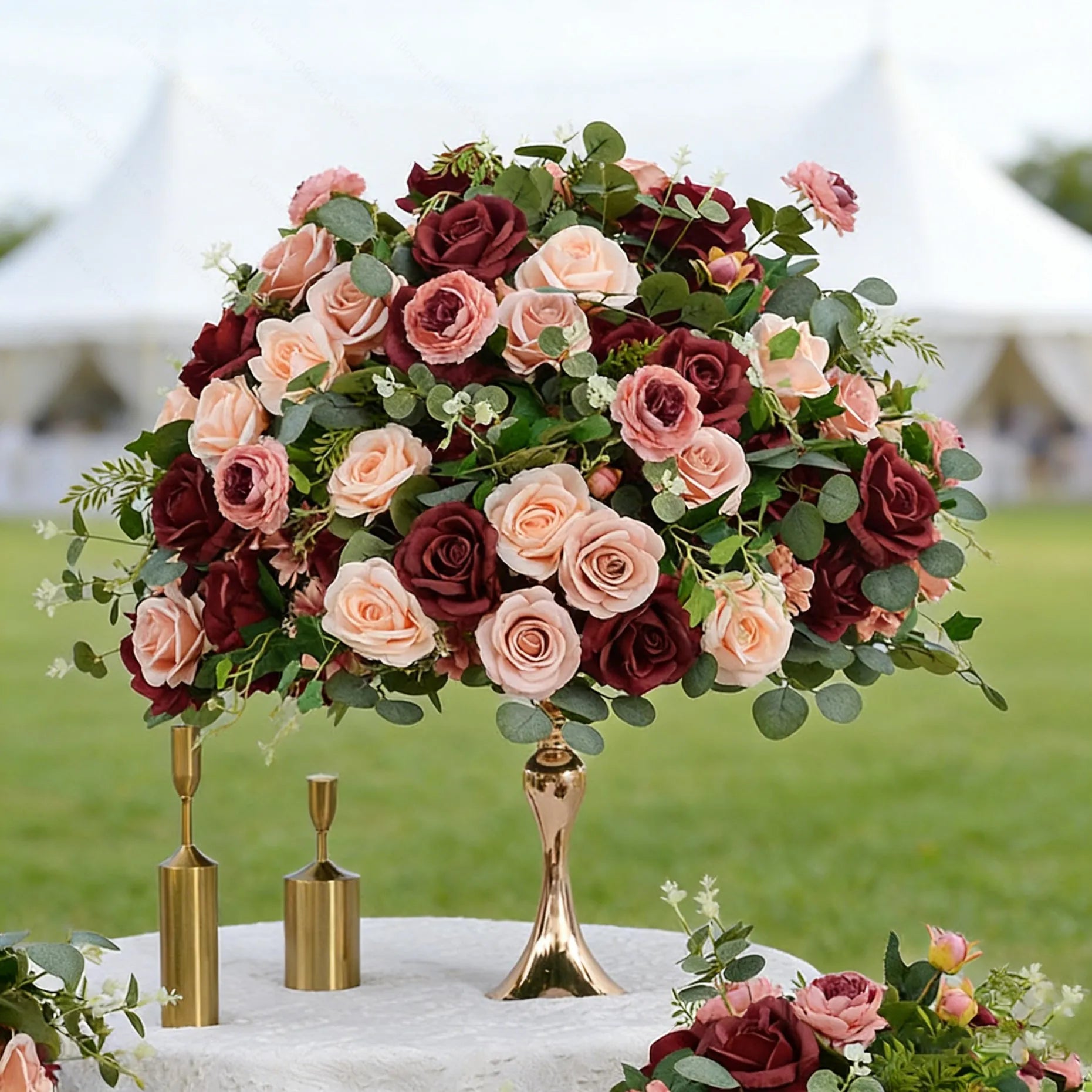 Artificial Red Rose & Green Leaf Flower Ball / Flower Row