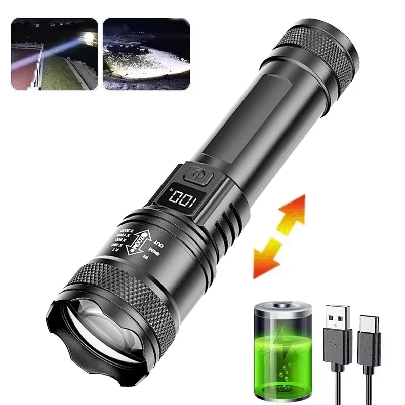 High Lumen Tactical Flashlight – Telescopic Zoom, Digital Display & USB-C Rechargeable