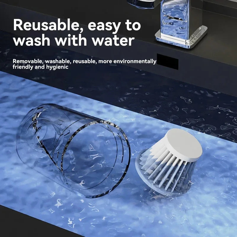 Two cleaning tools on a blue surface with text about their reusability and washability.