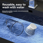 Two cleaning tools on a blue surface with text about their reusability and washability.