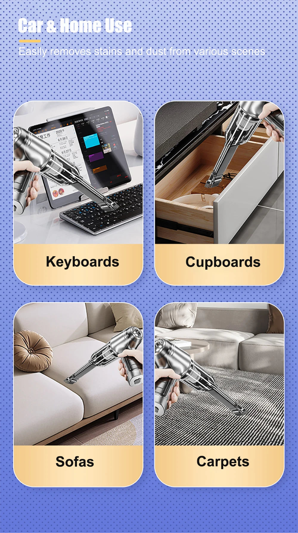 Product being used on keyboards, cupboards, sofas, and carpets with a blue background.