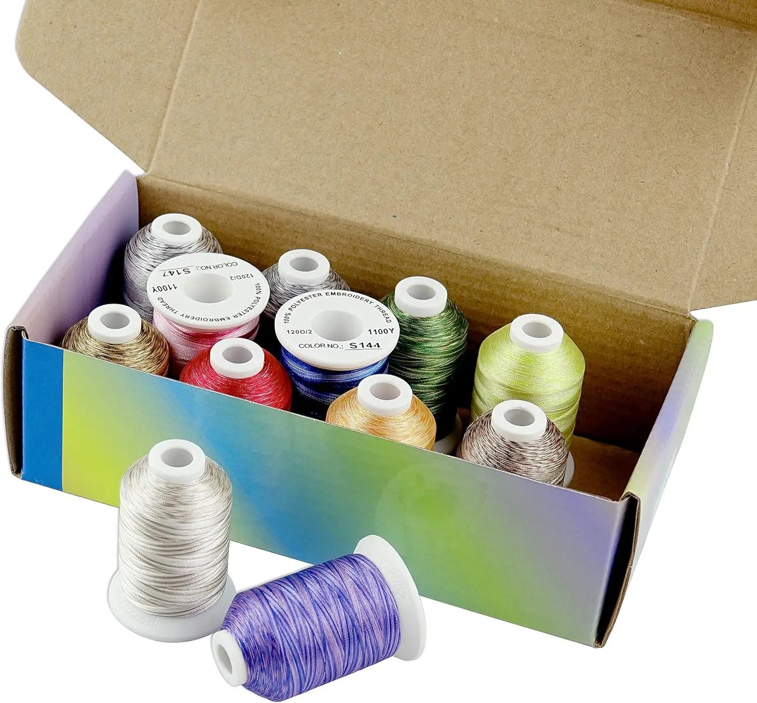 12 Variegated Colour Polyester Embroidery Thread | 40wt | 1000m Spools | 12-Pack