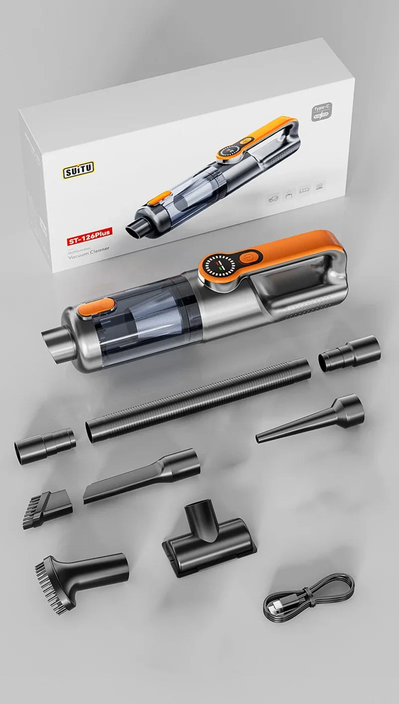 Vacuum cleaner with attachments and a branded box on a gray background