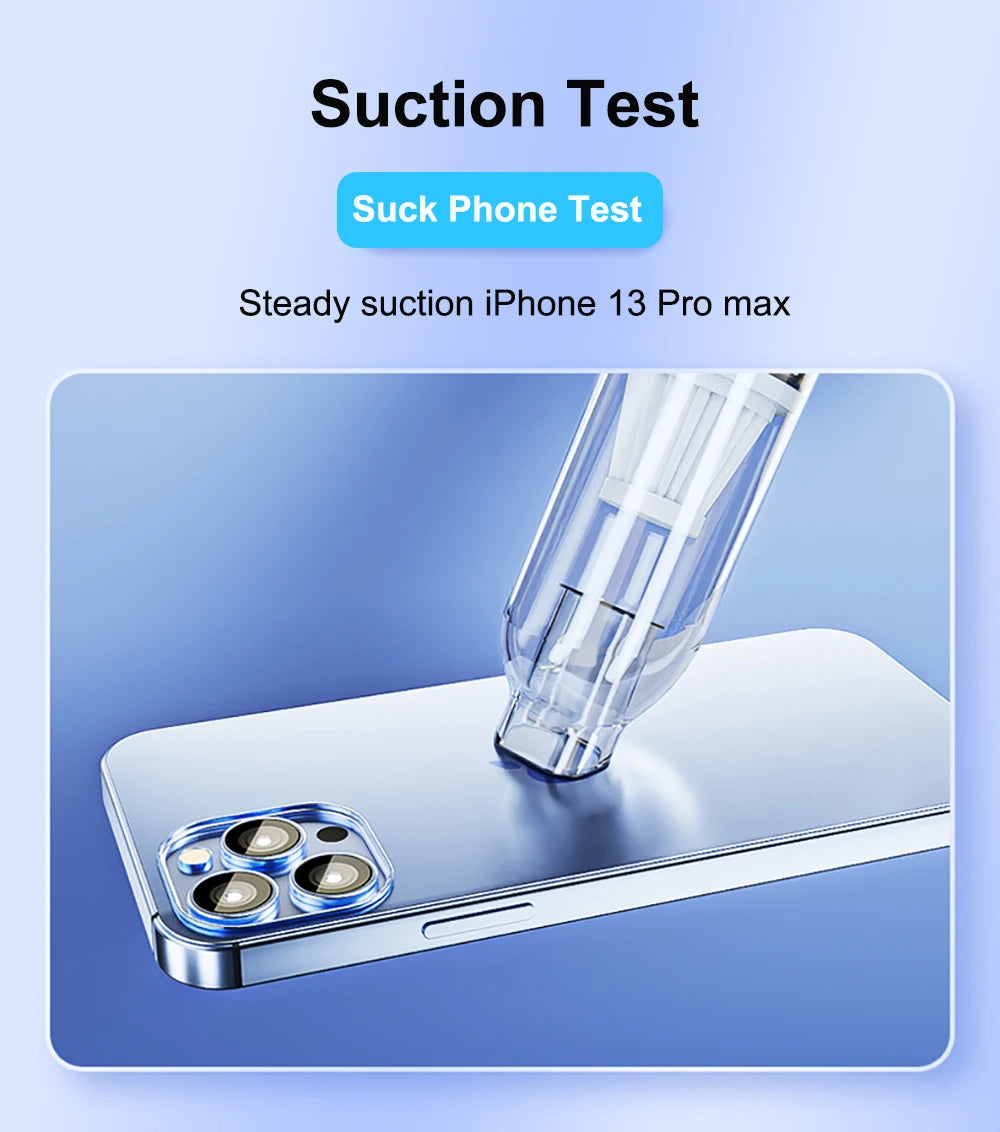 Suction test of a phone screen protector on an iPhone 13 Pro Max with a blue backgroun
