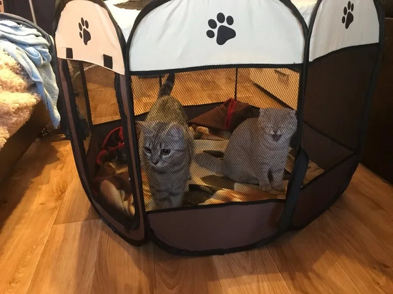 wo gray cats inside a pet playpen on a wooden floor.