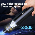 Hand holding a vacuum cleaner with text indicating low noise operation and clean and quiet performance, and a person wearing sleep masks in the background