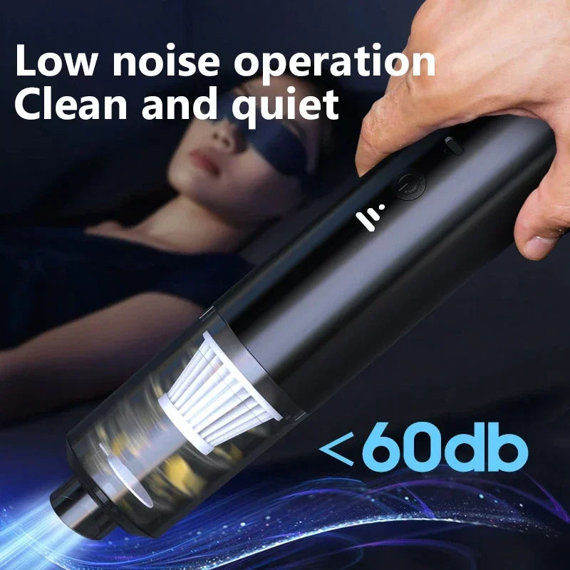 Hand holding a vacuum cleaner with text indicating low noise operation and clean and quiet performance, and a person wearing sleep masks in the background