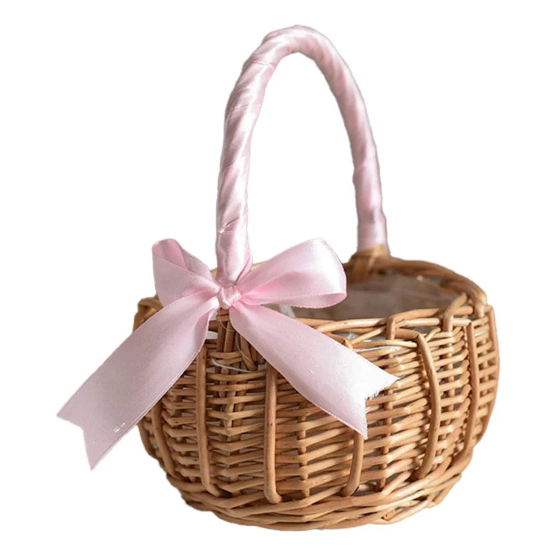 Hand-woven Wicker Wedding Flower Basket with Handle | Pink & White | Small & Large.