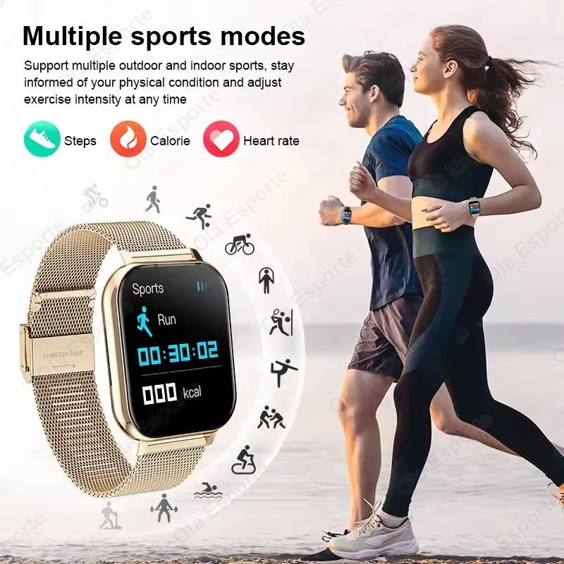 Smartwatch with fitness tracking features displayed, alongside a couple running on a beach.