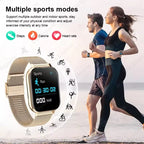 Smartwatch with fitness tracking features displayed, alongside a couple running on a beach.