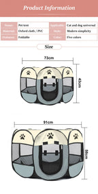 Pet tent with dimensions and product information on a white background