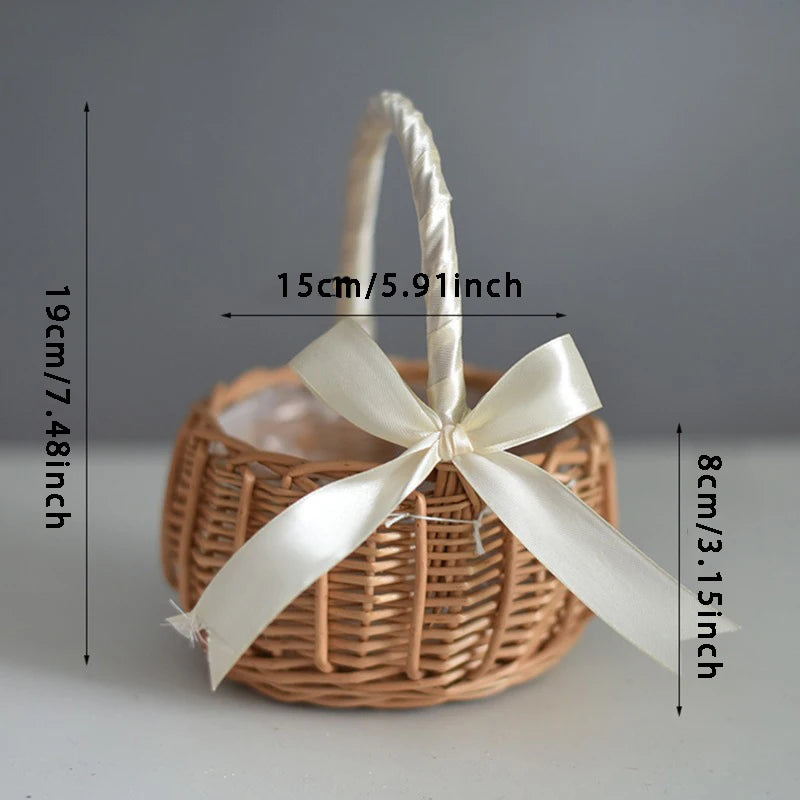 Hand-woven Wicker Wedding Flower Basket with Handle | Pink & White | Small & Large.