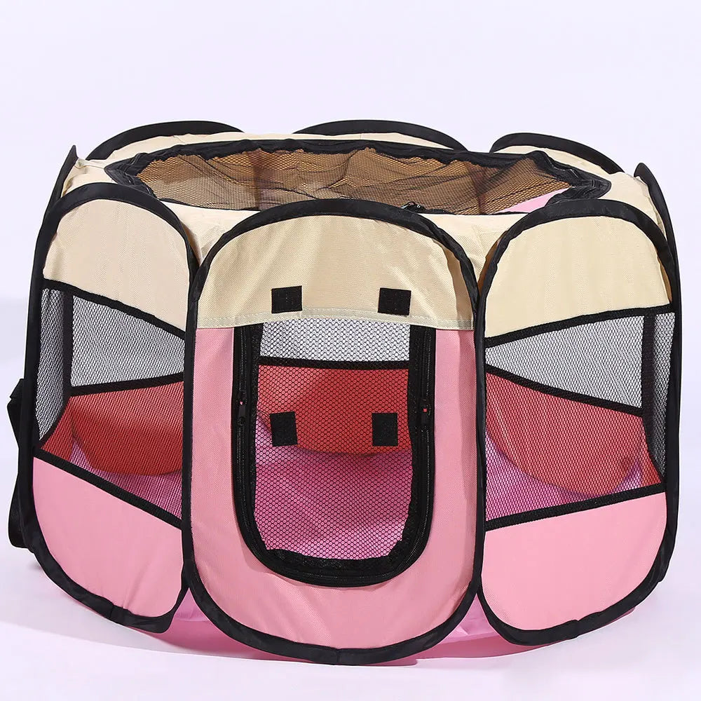 Pink and beige pet playpen with mesh sides on a white background