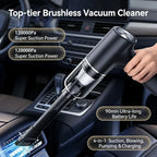Car interior with a brushless vacuum cleaner being used, highlighting features like super suction power and long battery life.