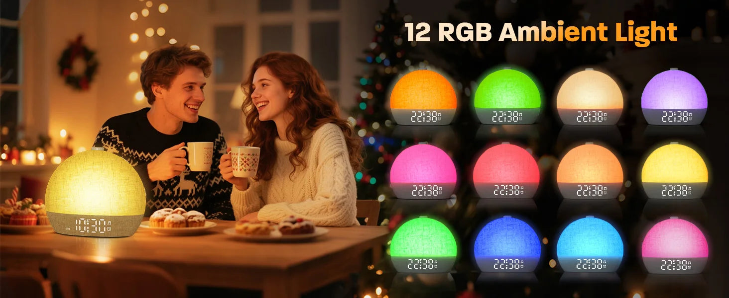 Wake Up Light Sunrise Alarm Clock — Sunset Simulation, White Noise, FM Radio & Dimmable RGB Night Light