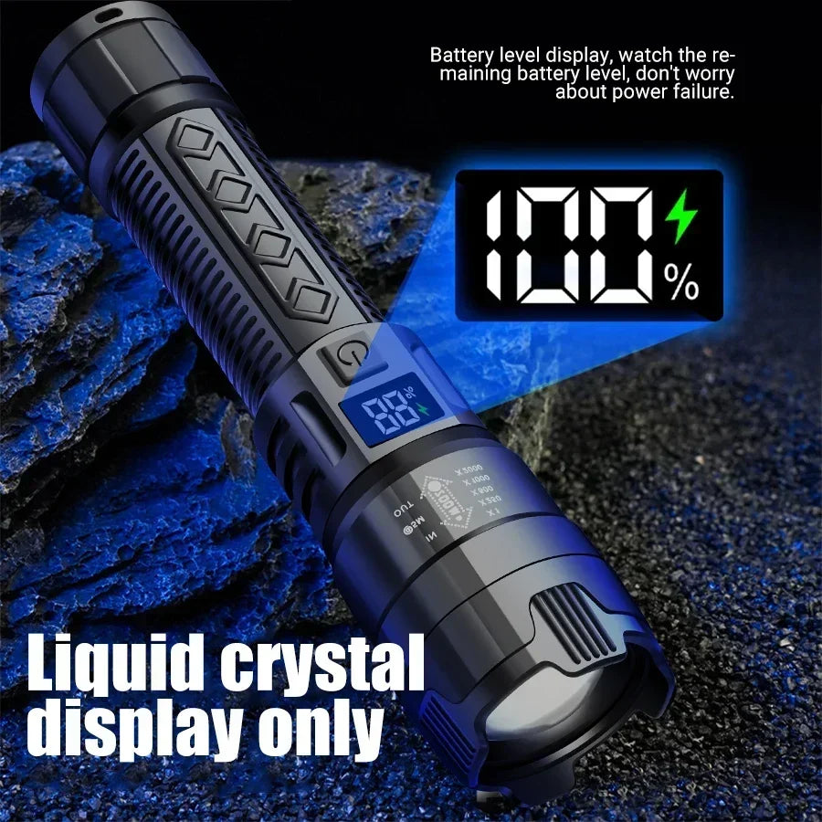 High Lumen Tactical Flashlight – Telescopic Zoom, Digital Display & USB-C Rechargeable
