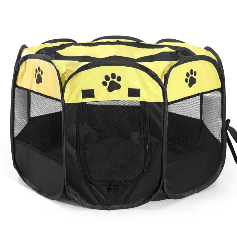 Yellow and black pet playpen with paw prints on a white background