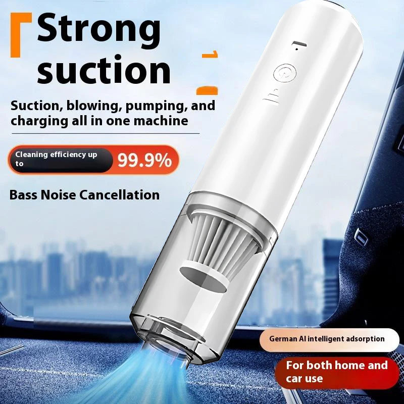 Portable vacuum cleaner with text highlighting features like strong suction and German AI intelligent adsorption, set against a blurred car interior background.