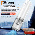 Portable vacuum cleaner with text highlighting features like strong suction and German AI intelligent adsorption, set against a blurred car interior background.